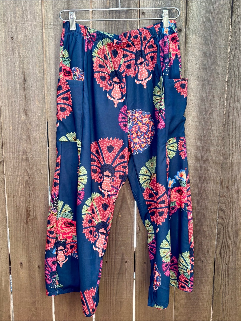 Navy Floral Print Pull-On Pants